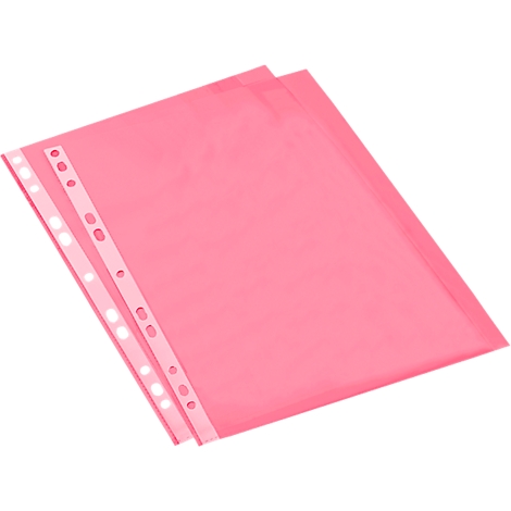 Two pink transparent document sleeves lying on top of each other. The left one has perforations for folders.