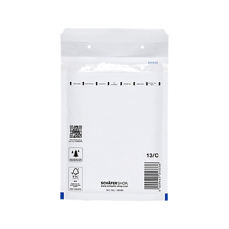 White bubble mailer with black print, QR code and barcode. Prints: Schäfer Shop, FSC logo, Art.-Nr.: 48888.