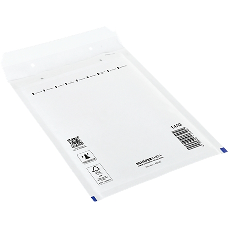 A white bubble wrap envelope, photographed slightly from above, printed with lines and symbols.