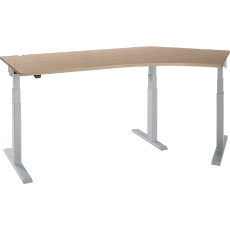 Un bureau d'angle avec un plateau de table brun clair et des pieds gris réglables en hauteur, sur fond blanc.
