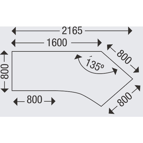Vue détaillée d'un plateau de table avec dimensions. Sur le plateau de la table, on trouve des lignes et des chiffres qui précisent les dimensions et les angles.