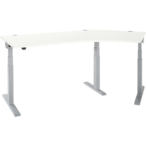 Bureau d'angle blanc avec des pieds argentés réglables en hauteur sur fond blanc.