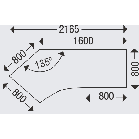 Vue de dessus détaillée d'une table avec dimensions et angles. 2165mm de long, 1600mm de large, angle de 135°, 800mm x 800mm. Coin arrondi.