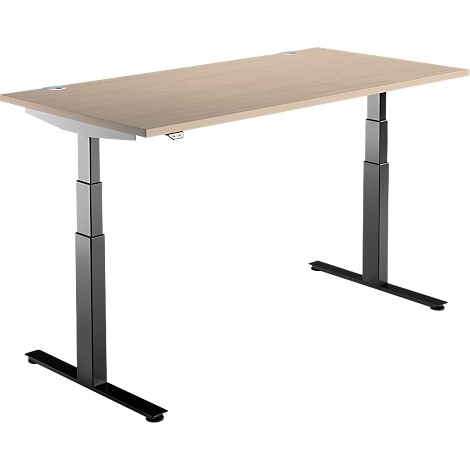 Un bureau clair, réglable en hauteur, avec des pieds en métal gris et un dessus en bois rectangulaire.