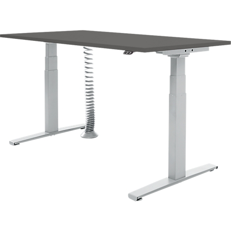 Een in hoogte verstelbaar bureau met een grijs blad, zilveren frame en een kabelspiraal.