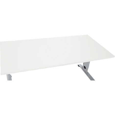 Bureau blanc avec pieds argentés, vu de haut.