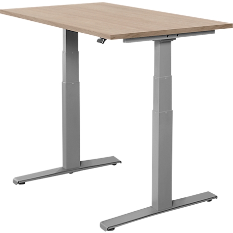 Un bureau réglable en hauteur avec un plateau en bois et une structure métallique grise. La table est montrée en détail.