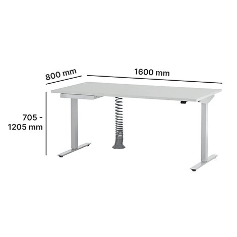 Bureau blanc réglable en hauteur avec pieds gris. Dimensions : 1600 x 800 mm, hauteur 705-1205 mm.