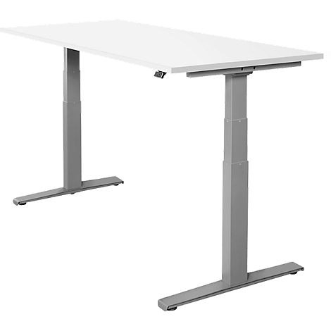 Witte in hoogte verstelbare bureau met grijze poten. Het tafelblad is rechthoekig. De tafel staat tegen een witte achtergrond.