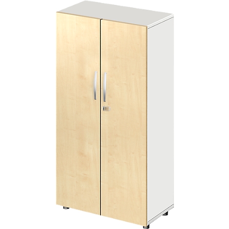 Wardrobe with two doors, light wood and silver handles. The right side is white.