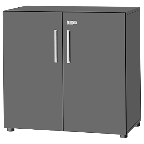 Grey cabinet with two doors and silver handles. Minimalist design.