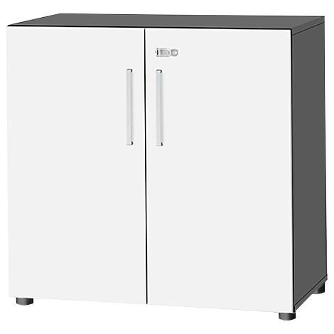 White cabinet with two doors, silver handles and a gray top.