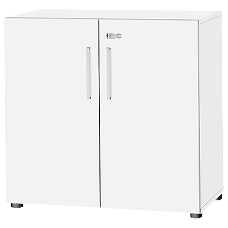 White cabinet with two doors, silver handles and black feet.