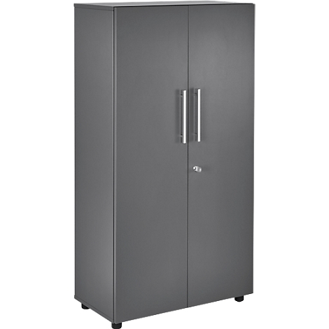Grey cabinet with two doors, silver handles, and a keyhole.