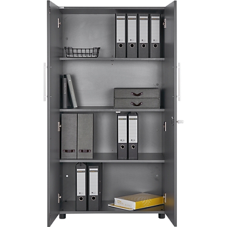 Grey filing cabinet with open doors filled with folders, baskets, and drawers.