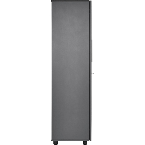 A gray cabinet, narrow shape, stands on small black feet.
