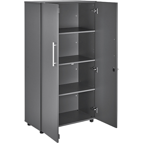 Grey cabinet with open doors. It has four shelves. On the left side is a metal handle.