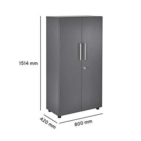 Grey cabinet with two doors, silver handles and a lock. Dimensions: 1514x800x420 mm.