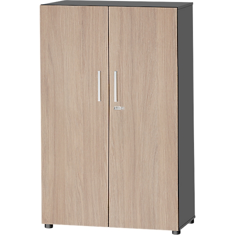 Wardrobe with two doors, light wood look, silver handles, gray body and lid.