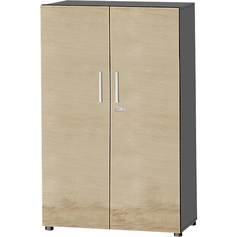 Cabinet with light wooden doors, gray frame and silver handles. Dark gray top and sides.