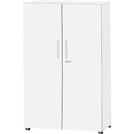 White cabinet with two doors, silver handles, and small lock.