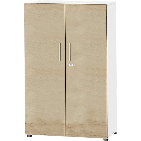 Wooden-look cabinet with two doors, silver handles, and a small lock.