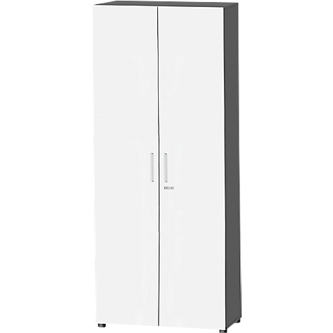 A white cabinet with two doors, silver handles, and gray side panels. Standing on small black feet.