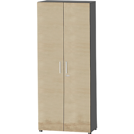 A light, wood-colored cabinet with two doors and silver handles. A keyhole is placed in the middle.