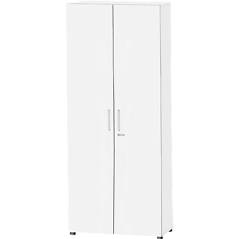 A white cabinet with two doors and silver handles, against a white background.