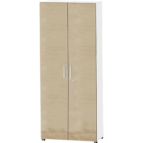 A tall cabinet with two wood-look doors. The sides and top are white. There are metal handles and a lock on the doors.