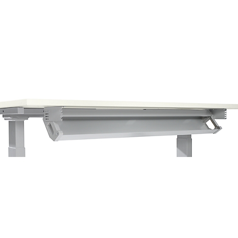 Gray cable tray under light desk. Detailed, ideal for organizing cables and connections.