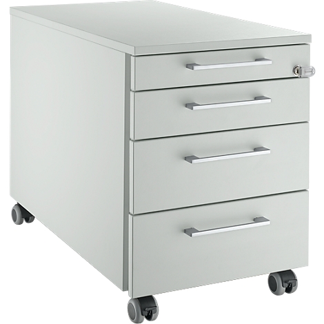 Classeur gris à quatre tiroirs et roulettes.