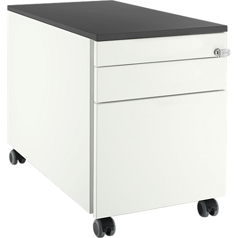 Caisson mobile blanc avec plateau gris. Trois tiroirs, serrure et roulettes.
