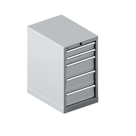 Armario de herramientas gris con cuatro cajones y una cerradura. El panel superior también es gris.