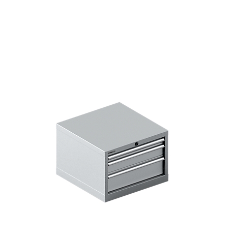 Caja de herramientas gris con tres cajones, sobre fondo blanco.