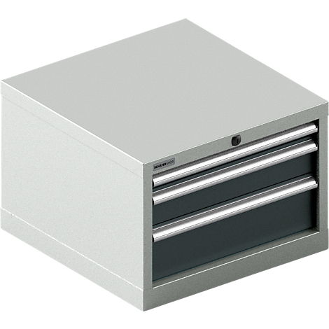 Caja de herramientas gris con dos cajones y asas plateadas. Hay una cerradura en la parte superior.