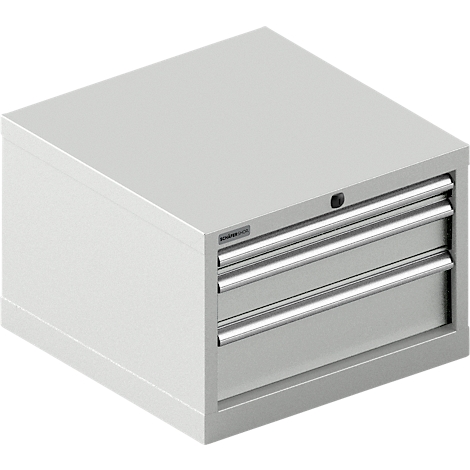 Caja de herramientas gris con tres cajones. Superficie superior con cerradura. Logotipo 'SCHWEISS' en el lateral.