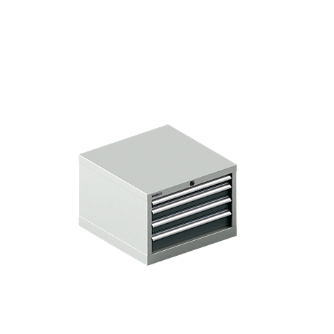 Caja de herramientas gris con cajones sobre fondo blanco.