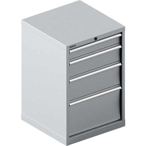 Un archivador gris de tres cajones. Las manijas y la cerradura son visibles. El gabinete se apoya en una base gris.