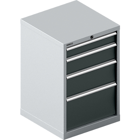 Una caja de herramientas gris rectangular con tres cajones. Los cajones son de color gris oscuro con tiradores plateados.