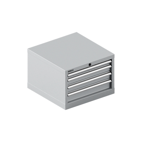 Caja de herramientas gris con cuatro cajones y manijas plateadas, aislada sobre fondo blanco.