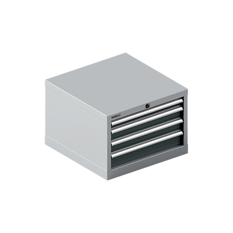 Caja de herramientas gris con cuatro cajones, tiradores metálicos, cerradura.