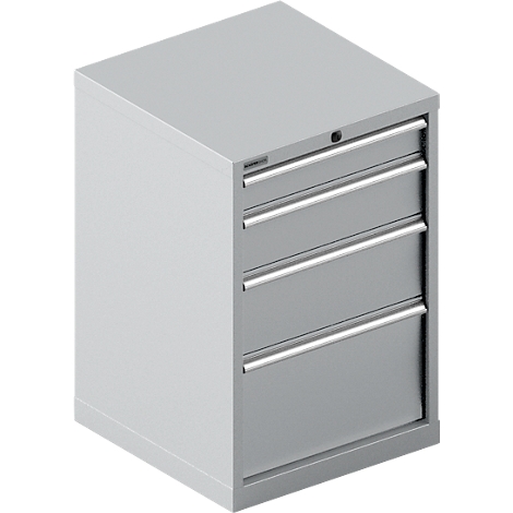 Gabinete gris con cuatro cajones y tiradores plateados.