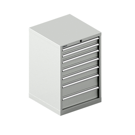 Caja de herramientas gris con siete cajones, presentada en ángulo recto.