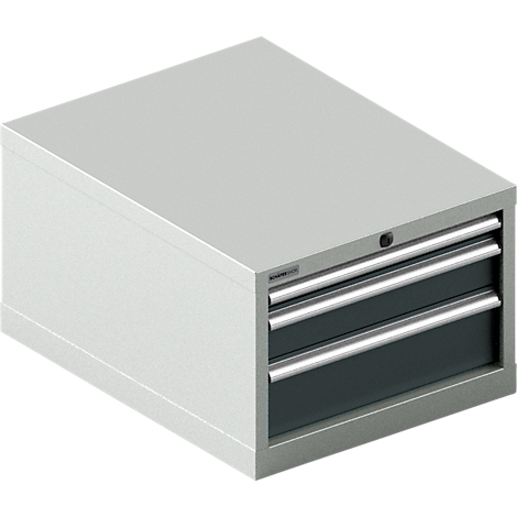 Caja de herramientas gris con dos cajones. Los cajones tienen asas plateadas y son de color gris oscuro.
