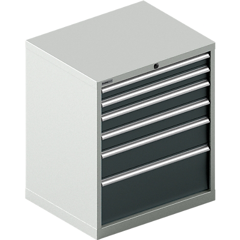 Caja de herramientas gris con seis cajones y manijas plateadas. Una pequeña cerradura está en el centro en la parte superior.