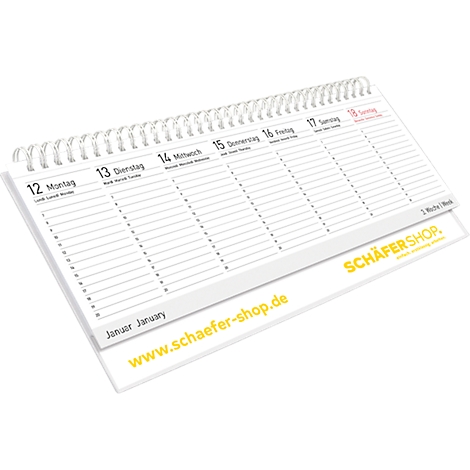 Calendrier de bureau blanc, reliure spirale, entrées pour janvier. Logo et adresse du site Web en jaune.