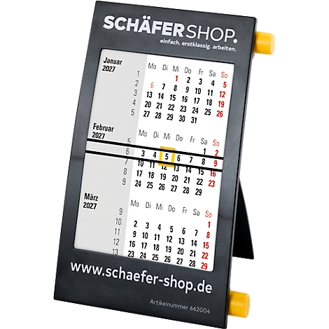 Calendrier de bureau noir avec des accents jaunes, de janvier à mars 2027. Imprimé : Schäfer Shop. www.schaefer-shop.de