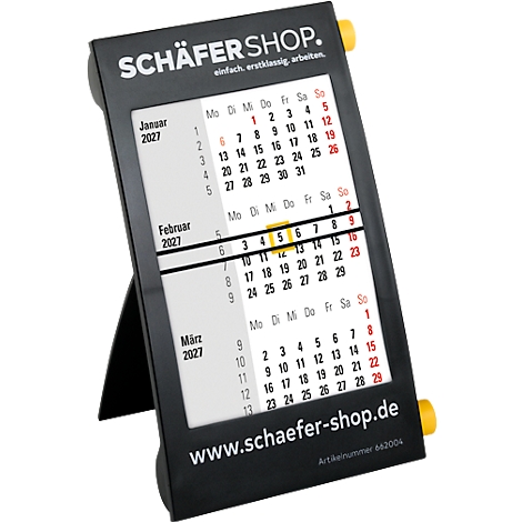 Calendrier de bureau noir avec des touches de jaune, dates 2027, logo "SCHÄFER SHOP".