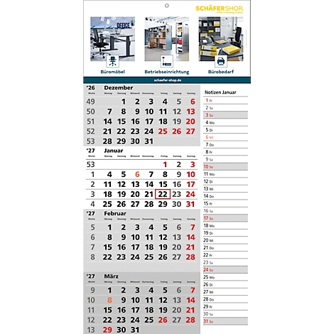 Calendrier avec les mois de décembre à mars, avec des photos de produits et le logo Schäfer Shop.